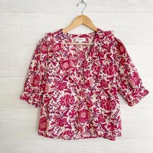 Evereve - Ari Ruffle Pink purple floral short sleeve v-neck top, S